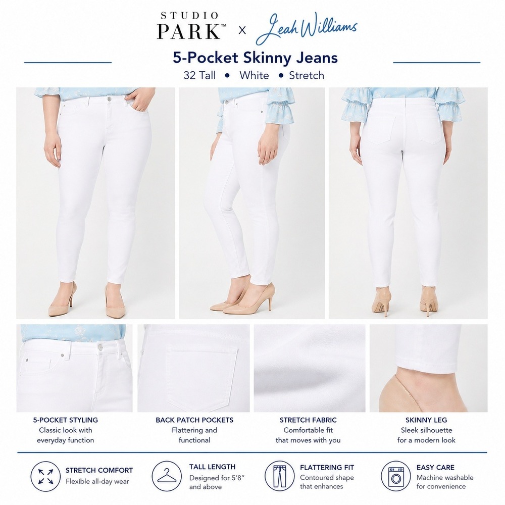 Studio Park x Leah Williams Womens 32WT Tall Plus Skinny Jeans White A492445 NEW